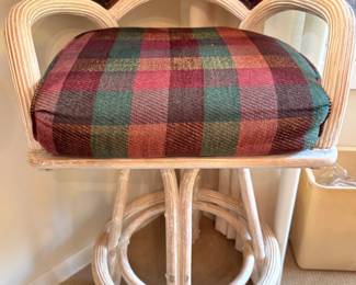 Hollywood Regency Rattan Swivel Bar Stool with Plaid Upholstery