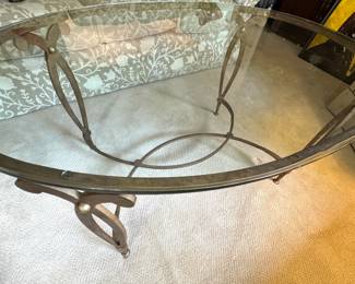 Oval Glass Top Wrought Iron Coffee Table with Sculptural Scroll Base