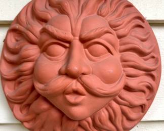 Terracotta Sun Face Garden Wall Plaque with Sculptural Mustache & Radiating Rays