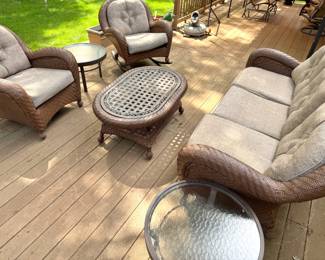 Woven Resin Wicker Outdoor Patio Conversation Set with Sofa, Two Armchairs, Coffee Table & Side Tables