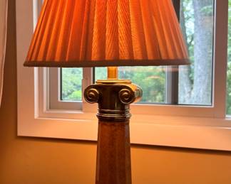 Neoclassical Column Table Lamp with Ionic Scroll Capital, Brass Accents & Pleated Shade