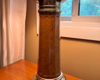 Neoclassical Column Table Lamp with Ionic Scroll Capital, Brass Accents & Pleated Shade