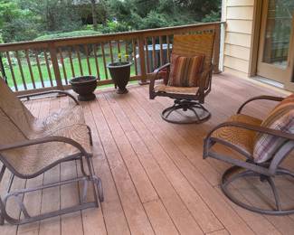 Outdoor Metal Sling Patio Glider / Rocking Loveseat, $100–175 Outdoor Metal Swivel Rocking Armchairs with Woven Seats & Cushions