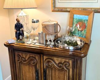 French Provincial Style Carved Wood Two-Door Bar Cabinet / Server