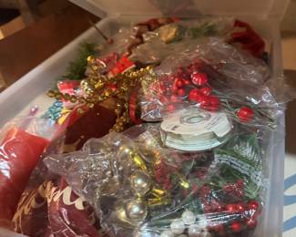 Assortment of Christmas & Holiday Decorations Including Wreaths, Garlands, Ornaments, Ribbon, Santa Figures, Tree Décor & Card Holders