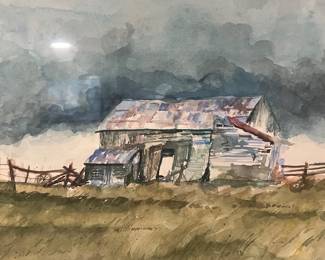 Framed Original Watercolor Landscape of Rustic Barn