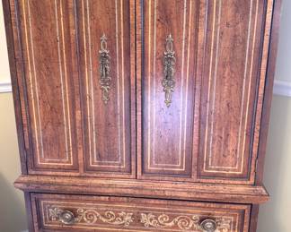 American of Martinsville Italian Provincial Decorated Wood Armoire Chest with Brass Hardware