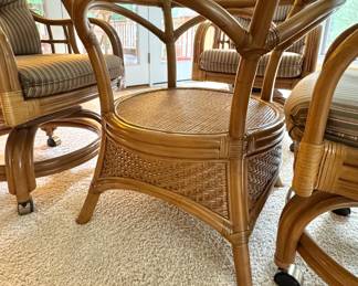 Five-Piece Rattan Dining Set with Round Glass-Top Table & Four Upholstered Armchairs