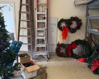 Assorted Aluminum Extension & Step Ladders, Wood Extension Ladder, Assorted Artificial Christmas Wreaths with Red Bows & Holiday Decorations, Artificial Christmas Tree