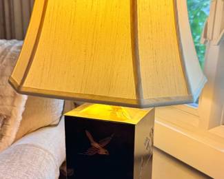 Asian Black Lacquer Table Lamp with Gilt Bird & Floral Decoration