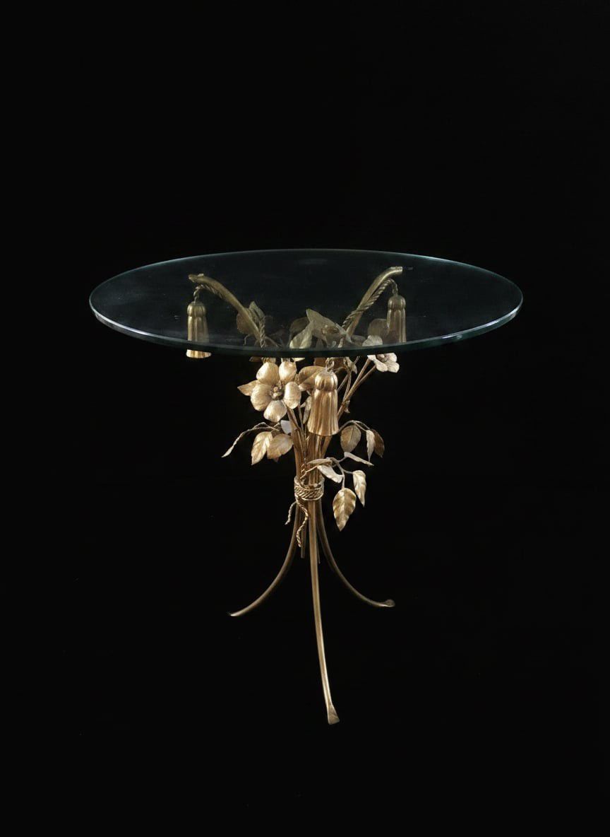 Mid-Century Italian Gilt Metal Flower and Tassel Side Table