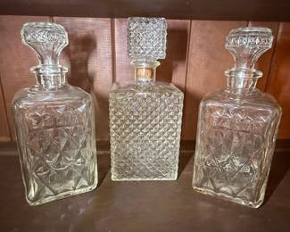 Mid-Century Diamond Pattern Pressed Glass Decanter Set