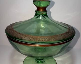 Green Depression Glass Covered Candy Dish with Gold Trim Style