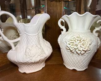 Victorian Style Bisque Porcelain Pitcher and Vase Set with Rose Motifs