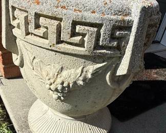 Pair of Neoclassical Style Cement Urn Planters with Greek Key and Grape Motifs
