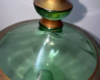 Green Depression Glass Covered Candy Dish with Gold Trim Style