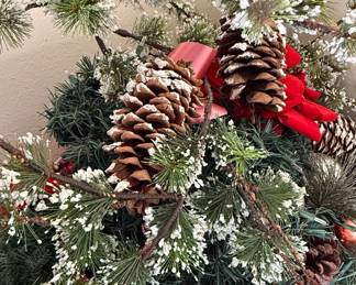 Snowy Pinecone and Berry Wreath with Red Ribbon Accents