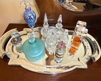 Vintage Mirrored Vanity Tray with Assorted Perfume Bottles