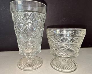 Hazel Atlas Big Top Peanut Butter Clear Pressed Glass Footed Goblet and Bowl Set