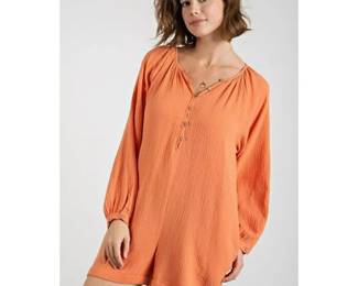 Easel Tangerine Gauze Button-Down Romper NWT M