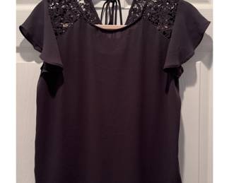 LOFT Gray Lace Shoulder Flutter Sleeve Blouse Tie Back Top S
