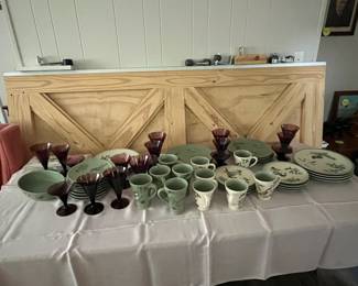 Pfaltzer dish set, trumpet glasses, Woodstar barn door