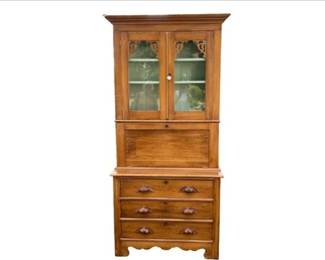 Walnut Secretary Desk With Bookcase Top And Carved Pulls