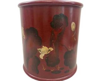 Red Lacquer Over Wood Brushpot With Lotus Design