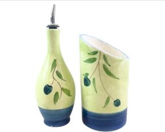 Vintage JRM Ceramica Italy Hand Decorated Oil Cruet Utensil Holder