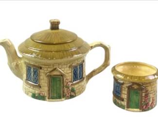 SylvaC Staffordshire England Thatched Cottage Teapot And Sugar Pot