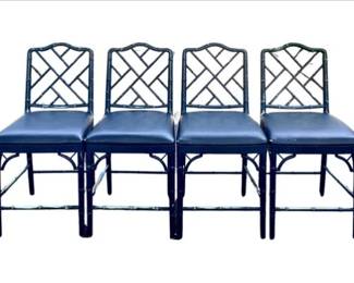 Four Bamboo Chippendale Style Counter Stools With Navy Seats