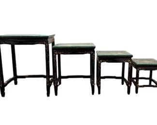 Chinoiserie Nesting Tables With Detailed Relief Design & Custom Cut Glass Tops