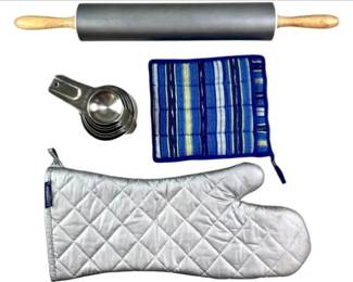 Baking Essentials: Rolling Pin, Measuring Cups, Oven Mitt And Potholder