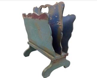Vintage Magazine Rack - Scrolled Feet, Scalloped Borders, Inset Handle, Old Patina & Paint
