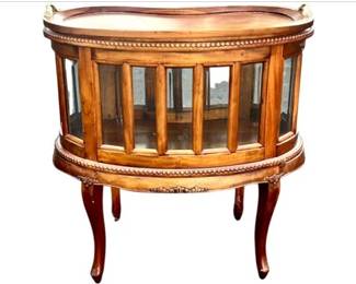 Detailed Yew Wood Vitrine Cabinet & Side Table, Removable Top Tray, Beveled Glass Panels, Kidney Shaped Frame