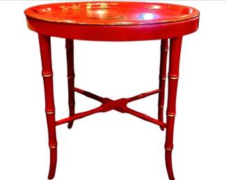 Chinoiserie Toleware Tray Table With Bamboo Style Wooden Frame