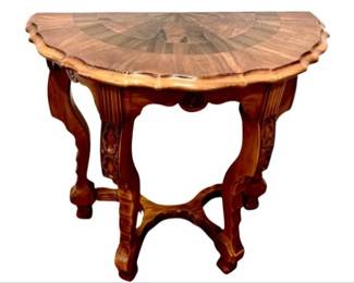 Vintage Carved Demi Lune Console Table With Sunburst Inlay