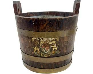 Vintage Wooden Bucket With Metal Bands And Crest Design