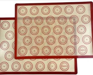 Two Angadona Macaron Silicone Baking Mats With Red Circle Guides And Baking Utensils