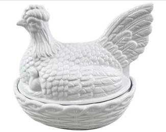 Vintage White Ceramic Hen In Nest Covered Dish With Basketweave Base
