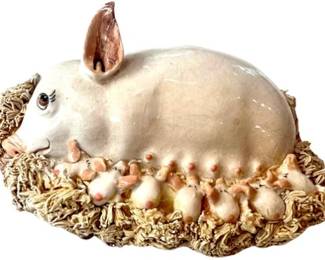 English Porcelain Basil Matthews Mother Pig With Piglets Figurine - Signed
