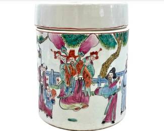 Chinese Famille Rose Sanxing Cylindrical Lidded Tea Leaf Jar