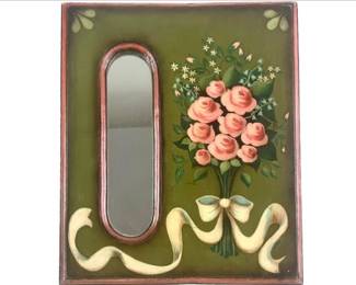 Vintage Hand-painted Wooden Mirror With Decorative Floral And Ribbon Design