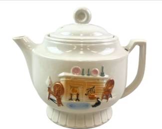 Vintage Porcelain Teapot With Hearth Scene Vitreous China Teapot 1930s