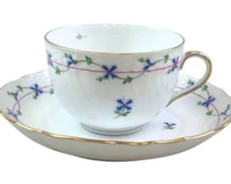Herend Handper Blue Cup And Saucer With Wavy Edge And Gold Trim