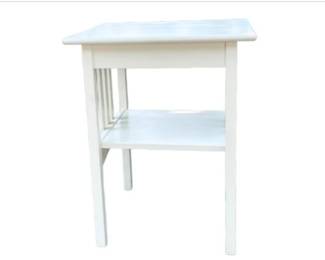 White Wooden Square End Table With Slatted Sides And Lower Shelf