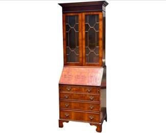 Yew Wood Secretary, Tooled Leather Interior, Curved & Fitted Cubbies & Drawers, True Divided Glass Bookcase