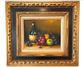 Still Life Painting With Fruit And Chianti Bottle