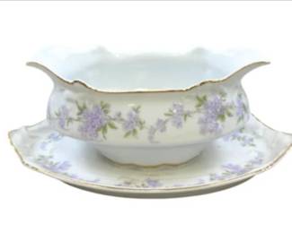 Vintage Westfalische Porzellan-u. Glas-Niederlage Dortmund Floral Gravy Boat With Underplate