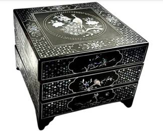 Black Lacquer Three Tiered Stacking Boxes With Inlaid Mother Of Pearl